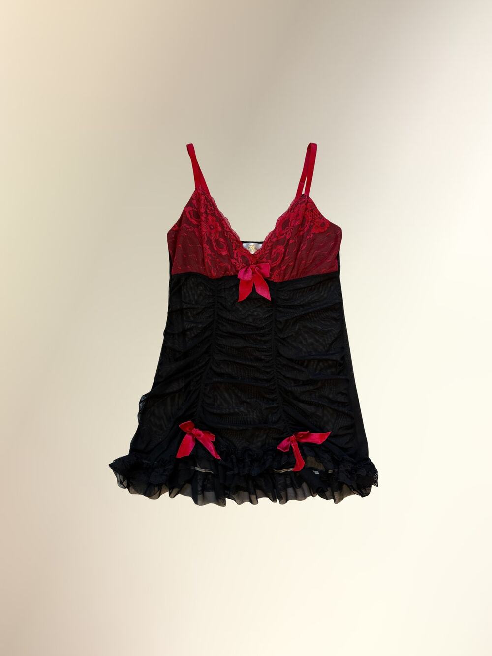 Flora Nikrooz Red Black Lace Ruched Bow Babydoll Chemise Slip Lingerie Top